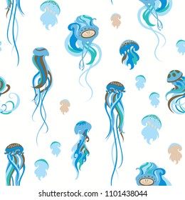 Blue jellyfish. Seamless pattern on white background. Stylization of sea characters with plastic ornament. 
The theme of the underwater world.