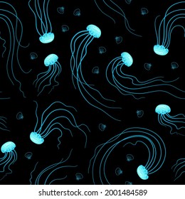 blue jellyfish and seashells on black background seamless pattern