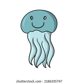 Blue jellyfish with a smile , Sea life, vector illustration in cartoon style on a white background