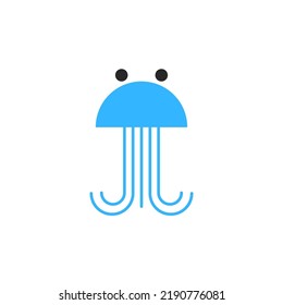 Blue jellyfish with tentacles and round eyes simple cartoon children illustration in kawaii style, front view cute animal isolated on white background.