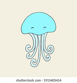 Blue jellyfish. Vector hand-drawn doodle illustration. Dweller of the deep sea