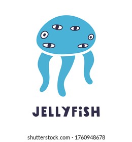 Blue jellyfish. Vector icon illustration on white background.