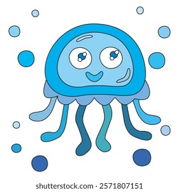 Blue jellyfish vector. Ocean animal illustration. Cute marine creature. Floating aquatic shape. EPS 10.