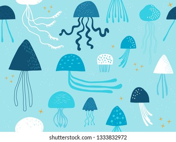 Blue jellyfish vector seamless pattern