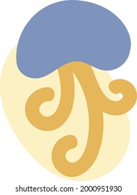 Blue jellyfish with yellow tentacles, illustration, on a white background.