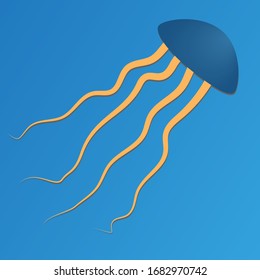 Blue jellyfish with yellow tentacles swims in the sea.  Vector stock cartoon illustration