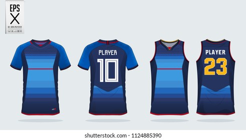 Blue jersey with red stripe sport shirt design template for soccer jersey, football kit and tank top for basketball jersey. Sport uniform in front and back view. T shirt mock up for sport club. Vector