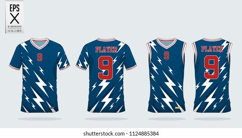 Blue jersey with thunderbolt pattern sport shirt design template for soccer jersey, football kit and tank top for basketball jersey. Sport uniform in front and back view. T shirt sport mock up. Vector