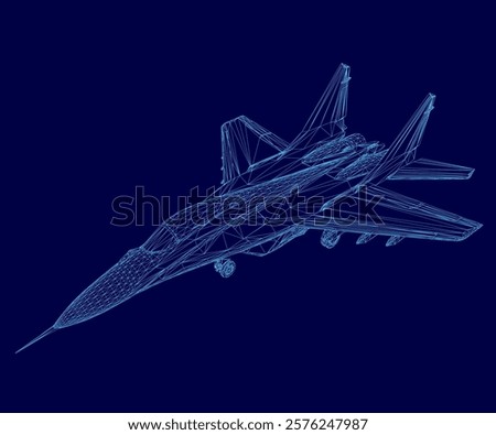 Blue jet is flying in the sky. The jet is a fighter jet and is in the air