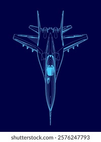 Blue jet is shown in a background. The jet is a fighter jet and is shown in a stylized way