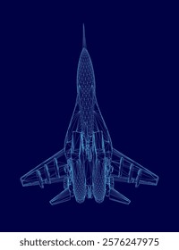 Blue jet is shown in a blue background. The jet is a fighter jet and is shown in a stylized way