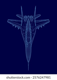 Blue jet is shown in a blue background. The jet is a fighter jet and is shown in a stylized way