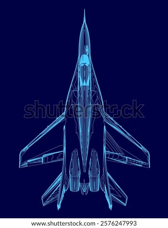 Blue jet is shown in a blue background. The jet is in the middle of the image and is the main focus