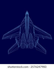 Blue jet is shown in a blue background. The jet is in a stylized form, with its wings and tail extended. Concept of motion and power