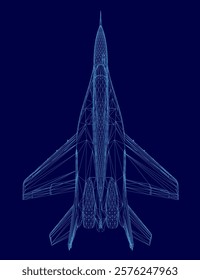 Blue jet is shown in a computer generated image. The jet is a fighter jet and is shown in a very detailed and realistic manner. Concept of power and strength