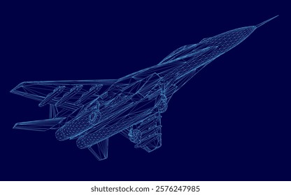 Blue jet is shown in a computer generated image. The jet is in the middle of the image and is the main focus. The image has a futuristic and technological feel to it