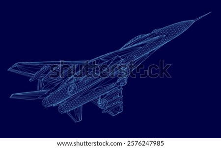 Blue jet is shown in a computer generated image. The jet is in the middle of the image and is the main focus. The image has a futuristic and technological feel to it