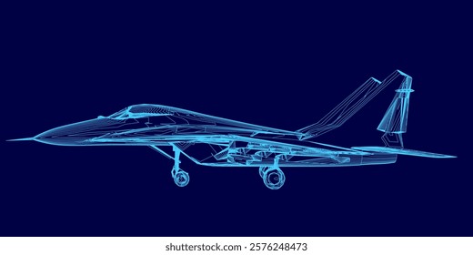 Blue jet is shown in a computerized image. The jet is a fighter jet and is shown in a stylized way. The image has a futuristic and sleek look to it