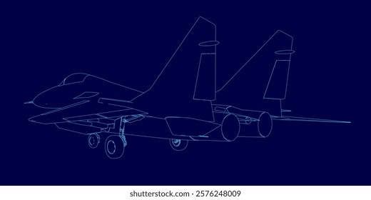 Blue jet is shown in a blue image. The jet is a fighter jet and is shown in a stylized way. The image has a futuristic and sleek look to it