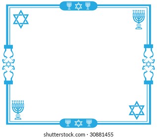 Blue jewish frame with the star of David and menorah on white background