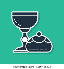 Blue Jewish goblet and hanukkah sufganiyot icon isolated on green background. Jewish sweet bakery. Wine cup for kiddush.  Vector Illustration
