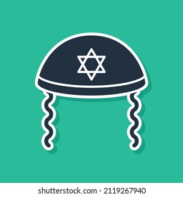 Blue Jewish kippah with star of david and sidelocks icon isolated on green background. Jewish yarmulke hat.  Vector