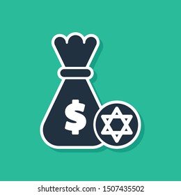 Blue Jewish money bag with star of david and coin icon isolated on green background. Currency symbol.  Vector Illustration