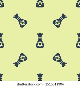 Blue Jewish money bag with star of david icon isolated seamless pattern on yellow background. Currency symbol.  Vector Illustration
