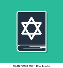 Blue Jewish torah book icon isolated on green background. Pentateuch of Moses. On the cover of the Bible is the image of the Star of David.  Vector Illustration