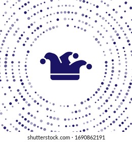 Blue Joker playing card icon isolated on white background. Jester hat with bells. Casino gambling. Abstract circle random dots. Vector Illustration