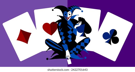 A blue joker sitting cross-legged against the aces of all suits of playing cards on a dark purple background. Vector illustration in flat design style