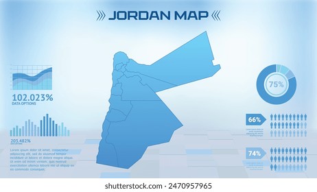 Blue Jordan Mapa con Estados, Ilustración vectorial del mapa infográfico de Political Jordan