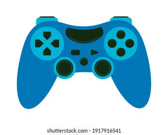 Blue joystick for boy, guy, man, icon for console playing. For computer video games, virtual reality, computer competition, game concept, hobby. Stock vector illustration isolated on white background.