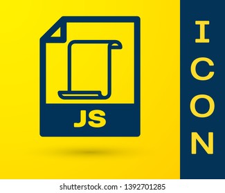 Blue JS file document icon. Download js button icon isolated on yellow background. JS file symbol. Vector Illustration