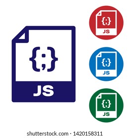 Blue JS file document icon. Download js button icon isolated on white background. JS file symbol. Set color icon in circle buttons. Vector Illustration