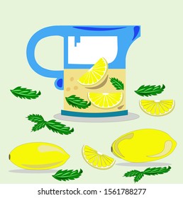 blue jug with vitamin ,cool lemon drink ,sliced yellow lemon with green fresh mint