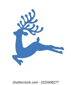 Blue jumping Reindeer Deer stencil drawing with antlers horns.Merry Christmas Silhouette.Happy New Year.Winter decoration element.Gift greeting card.Plotter Laser cutting.Holidays icon decor. DIY cut