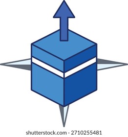 Icono azul de la dirección de la brújula de la meca de la kaaba. símbolo de construcción de la meca de ubicación de kaaba de oración musulmana con fondo transparente