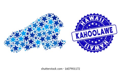 Blue Kahoolawe Island map collage of stars, and distress rounded seal. Abstract geographic plan in blue color tints. Vector Kahoolawe Island map is done of blue stars.