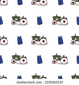 Blue, Kaki, green, red,, Farm tractor ,windmills, seamless pattern ,background, perfect for fabric scrapbooking, wallpaper projects.