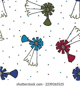 Blue, Kaki, green, red,, Farm tractor ,windmills, seamless pattern ,background, perfect for fabric scrapbooking, wallpaper projects.