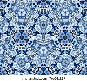 Blue kaleidoscope abstract seamless pattern, background. Composed of colored geometric shapes. Useful as design element for texture and artistic compositions.