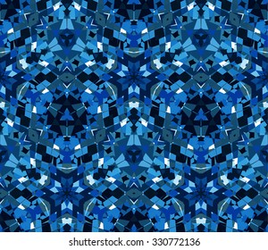 Blue kaleidoscope background. Seamless pattern composed of color abstract elements located on white background. Useful as design element for texture, pattern and artistic compositions.