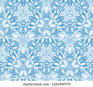 Blue kaleidoscope seamless pattern, background. Composed of abstract shapes. Useful as design element for texture and artistic compositions.