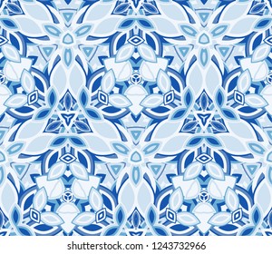 Blue kaleidoscope seamless pattern, background. Composed of abstract shapes. Useful as design element for texture and artistic compositions.