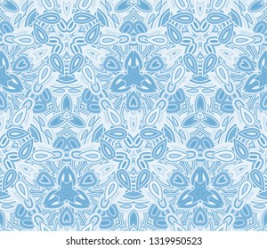 Blue kaleidoscope seamless pattern, background. Composed of abstract shapes. Useful as design element for texture and artistic compositions.