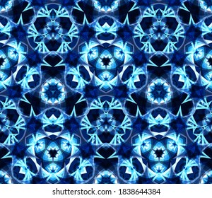 Blue kaleidoscope seamless pattern, background. Abstract elements located on white.