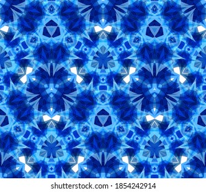 Blue kaleidoscope seamless pattern, background. Abstract elements located on white.