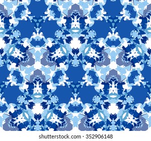 Blue kaleidoscope seamless pattern. Seamless pattern composed of color abstract elements located on white. Useful as design element for texture, pattern and artistic compositions. Vector illustration.