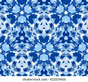 Blue kaleidoscope seamless pattern. Seamless pattern composed of color abstract elements located on white background. Useful as design element for texture, pattern and artistic compositions.